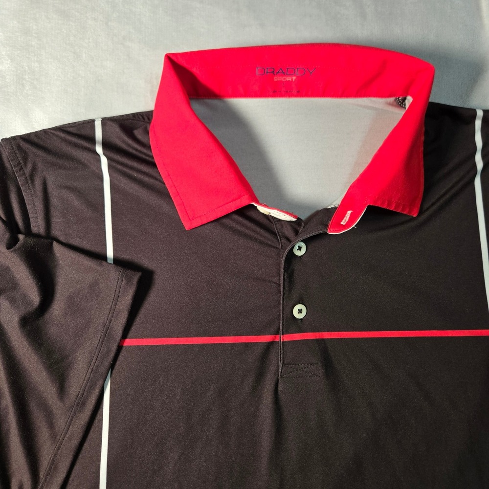 B. Draddy Sport Mens Large Polo Shirt Black Red Striped Golf Performance Stretch